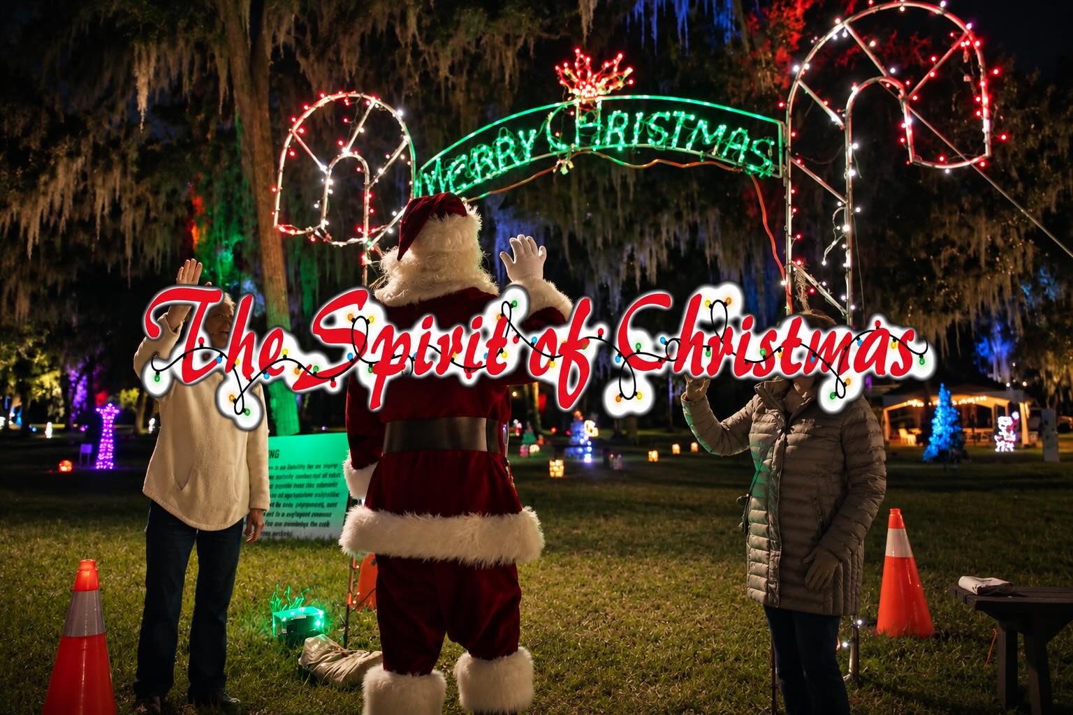 Visitors entering the Spirit of Christmas holiday light experience at Destrehan Plantation