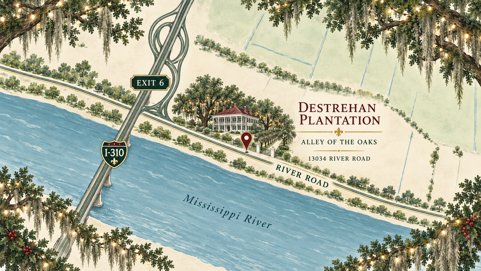 Illustrated map to Spirit of Christmas at Destrehan Plantation, located off Exit 6 from I-310 in Destrehan, Louisiana